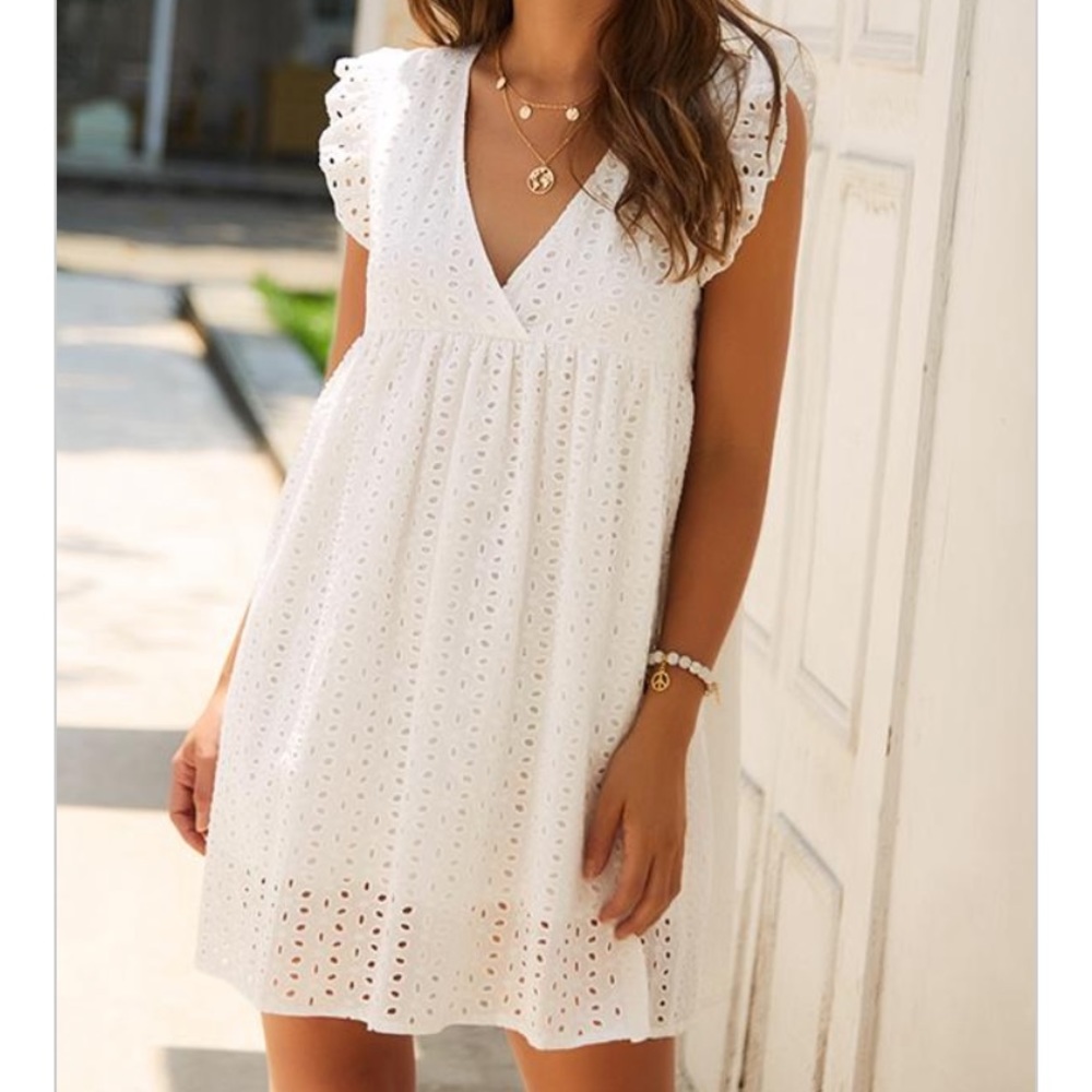 V Neck Eyelet Mini Dress